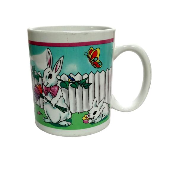 Easter Bunny Rabbit Mug Spring Garden Egg Hunt Flowers Birdhouse Fence Vintage - Picture 1 of 11